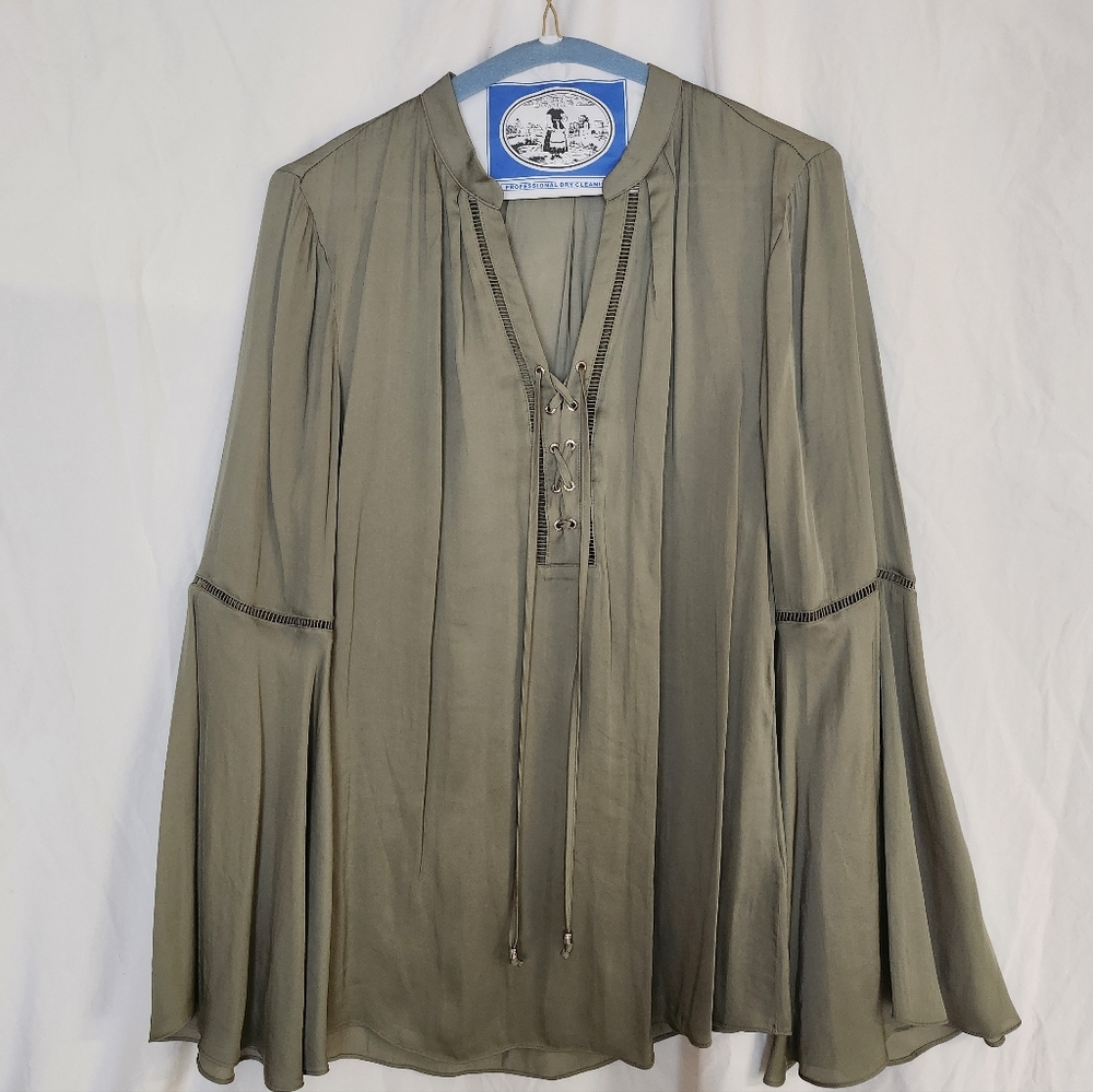 White House Black Market Olive Green Women's Top with Lace-Up Detail